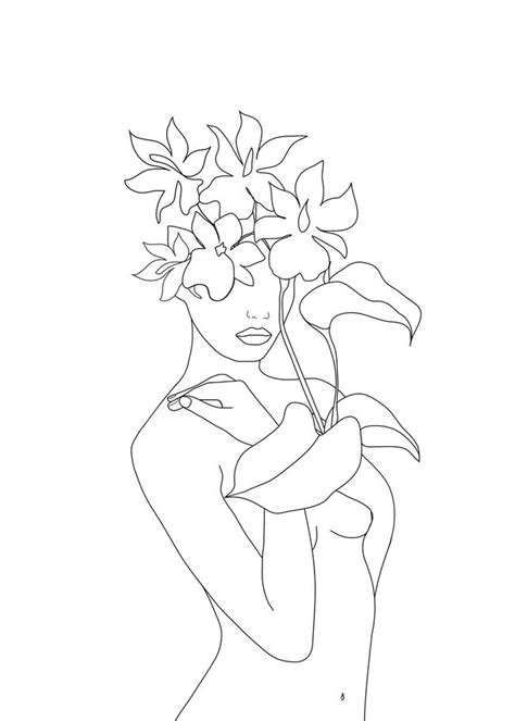 Minimal Line Art Woman With Flowers V Mini Art Print By Nadja