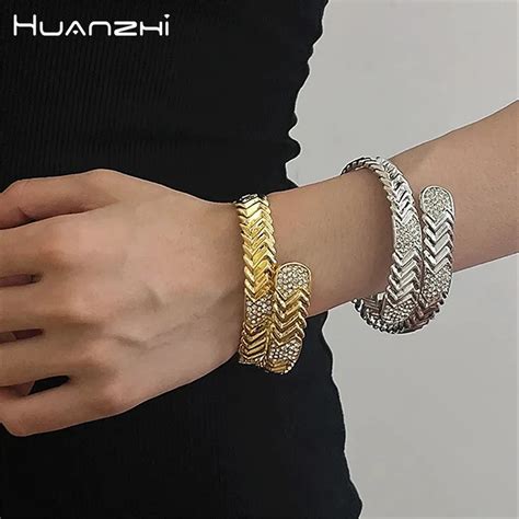 HUANZHI Double Layer Serpent Snake Shaped Zircon Bracelet Bangle For