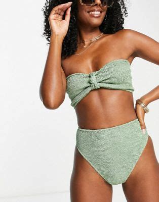 Asos Design Mix And Match Knot Bandeau Crinkle Bikini Top In Khaki Asos