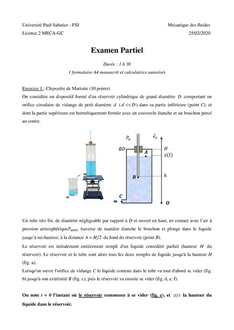 Mecanique des Fluides L2 Controle Partiel 2020 Université Paul