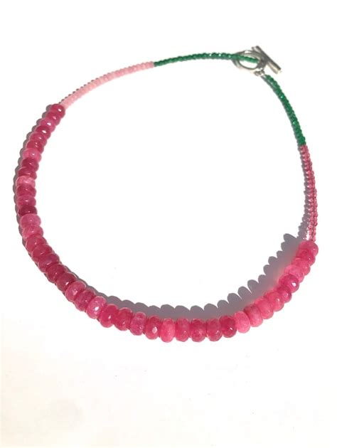 Handmade Jade Gemstone Beaded Necklace Long Chain Pink And Etsy