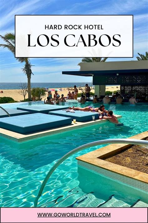 the pool at hard rock hotel in las cabos, mexico with text overlay