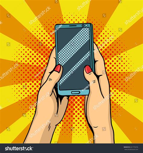 Hands Holding Smartphone Pop Art Female Stock Vector (Royalty Free ...