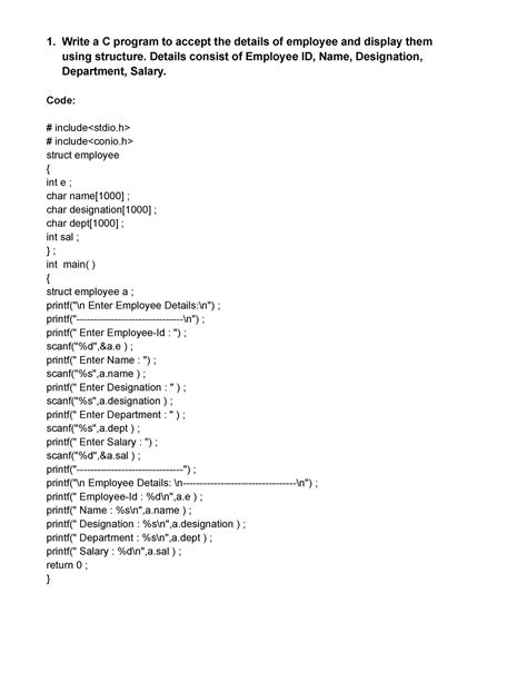 Lab Assignment 5structure 1 Write A C Program To Accept The Details Of Employee And Display