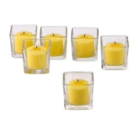 Light In The Dark Clear Glass Square Votive Candle Holders With Yellow Votive Candles Set Of 12