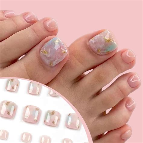 Yubx Square Toe Press On Nails Clear Nude Toenails Gold Foil Fake Nails Pcs Translucent