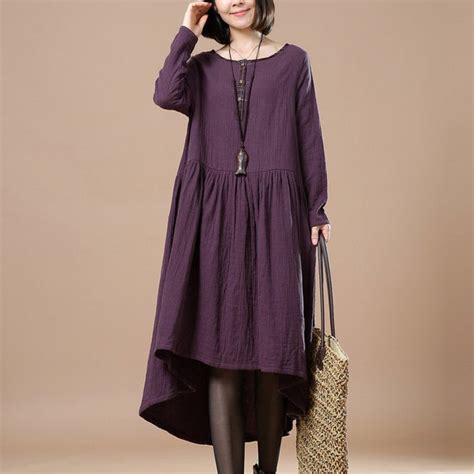 Cotton Linen Loose Fitting Maxi Dress Plus Size Long Linen Sleeve