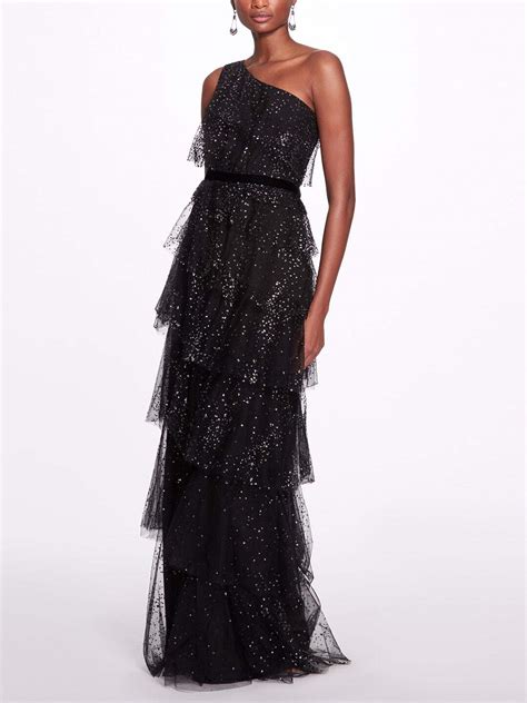 Buy Marchesa Oneshoulder Tiered Gown Black At Off Editorialist