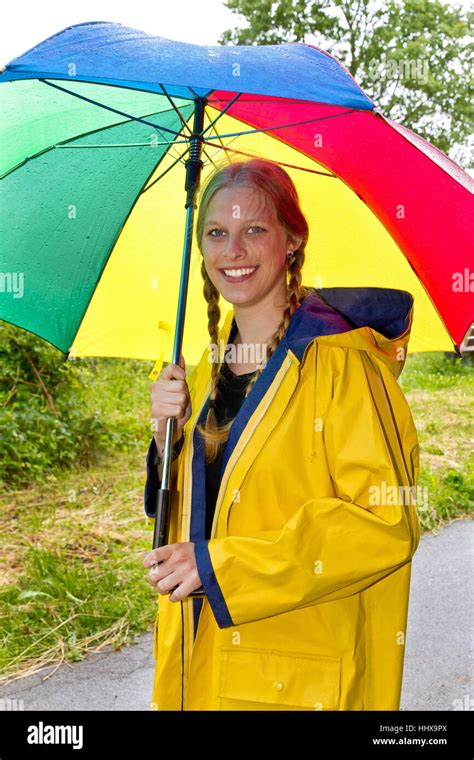 Woman Umbrella Raincoat Raincoats Yellow Weather Rain Raining