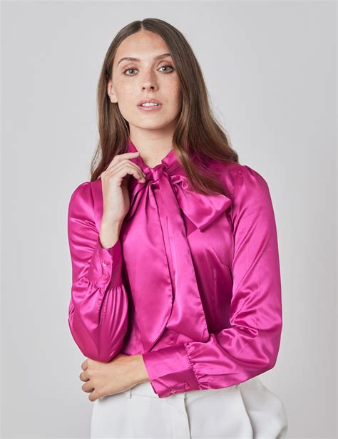 Plain Satin Women S Fitted Blouse With Single Cuff And Pussy Bow In