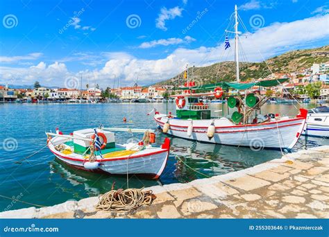 Traditional Colourful Greek Fishing Boats In Pythagorion Port Samos