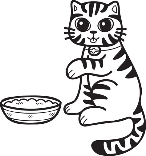 Hand Drawn Striped Cat Eating Food Illustration In Doodle Style