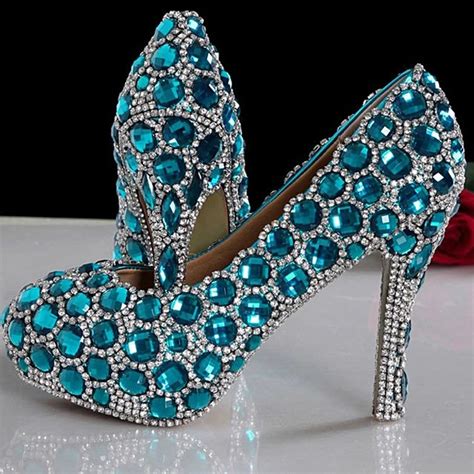 2018 Sparkling Luxurious Blue Wedding Shoes For Woman Rhinestone Bridal