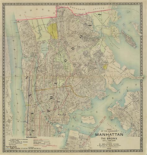 1908 Historical Map Of Manhattan And The Bronx In Color Photograph By