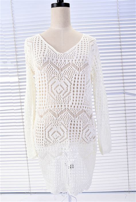 Summer Sexy Lace Crochet Beach Dress Women White See Through Swimwear