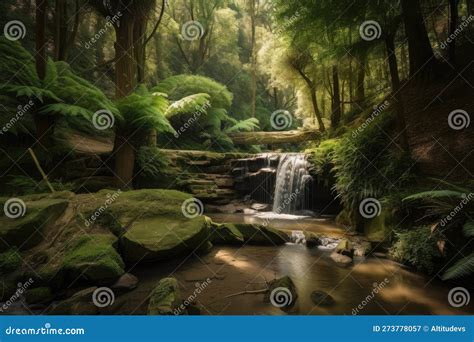 Forest Oasis With Running Stream And Waterfall Surrounded By Lush