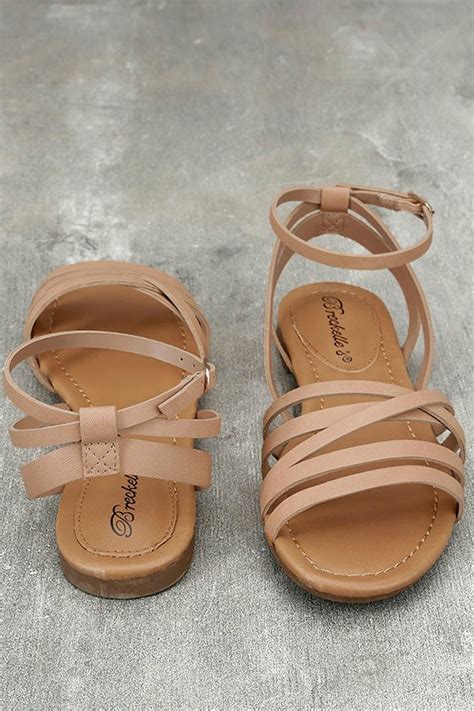 Cute Natural Ankle Strap Heels Natural Flat Sandals Strappy Nude