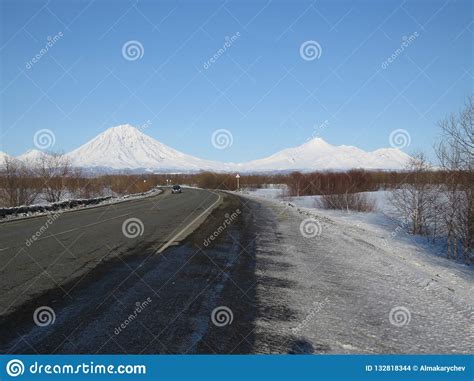 Beautiful Winter Volcanic Landscape Of Kamchatka Peninsula Stock Photo