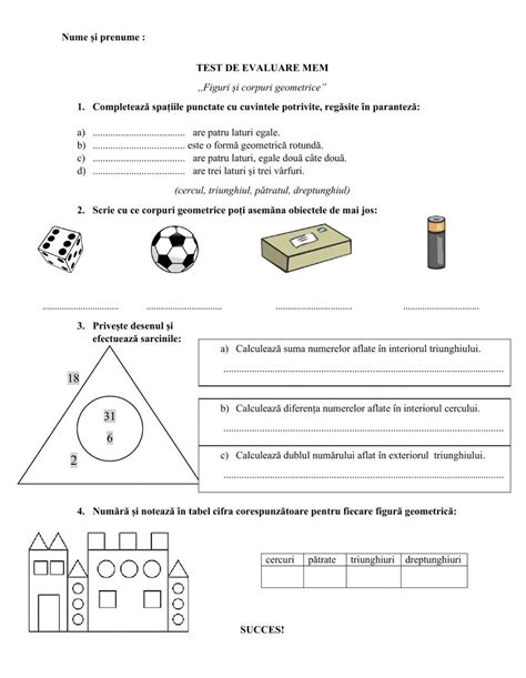 Test De Evaluare Mem Figuri Si Corpuri Geometrice Worksheet