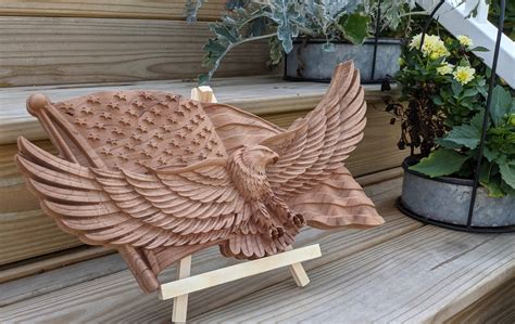 Carved Bald Eagle Wooden Sign American Flag Patriotic Sign Wavy Flag