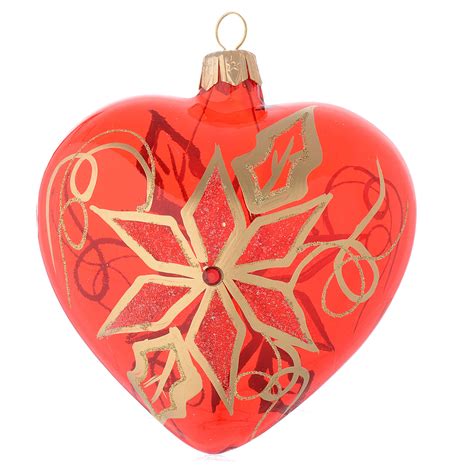 Heart Shaped Bauble In Red Blown Glass With Poinsettia 100mm Online