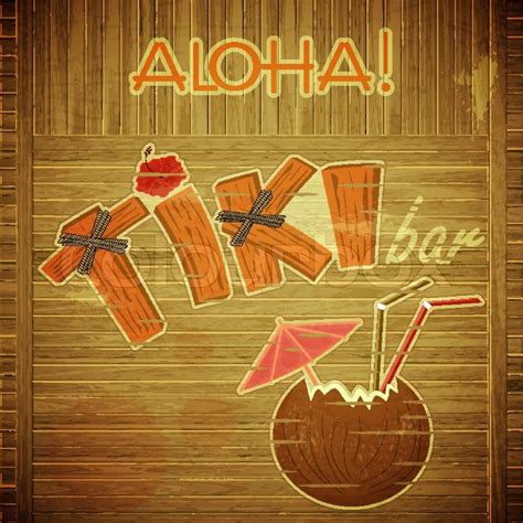 Vintage Hawaiian Postcard Retro Design Tiki Bar Menu On Wooden Background With Hand Drawn Text