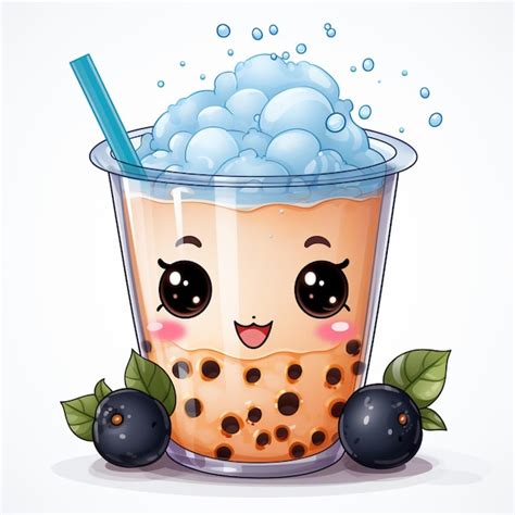 Premium Ai Image Cartoon Bubble Tea With Blueberries And A Straw In A