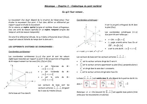 Cinematique Du Point Materiel Cours M Canique Chapitre