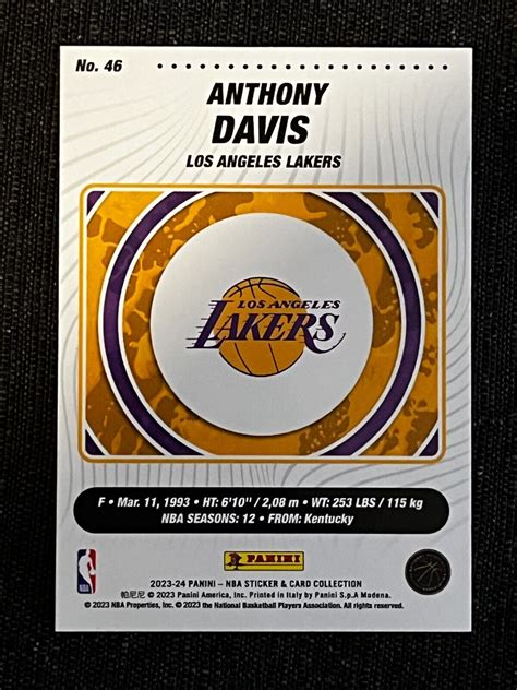 CARD CARTE PANINI NBA 2023 24 ANTHONY DAVIS LOS ANGELES LAKERS 46 NEW