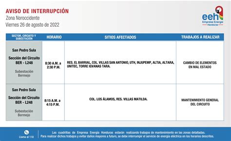 EEH anuncia cortes de energía para este Viernes 26 de agosto