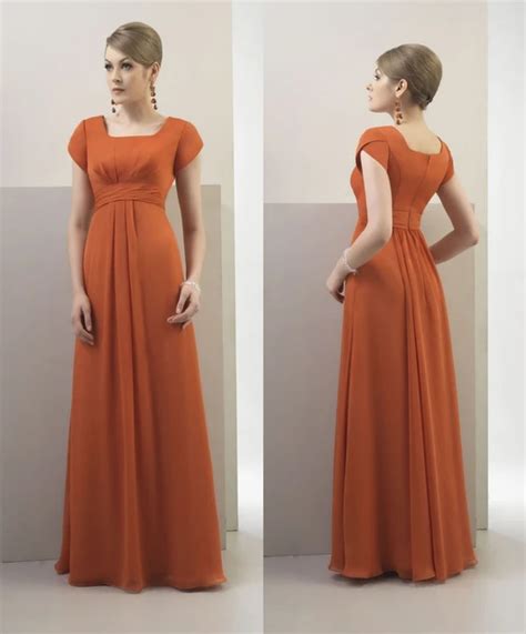 Burnt Orange Chiffon Long Modest Bridesmaid Dresses With Cap Sleeves