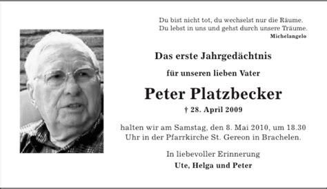 Traueranzeigen Von Peter Platzbecker Aachen Gedenkt