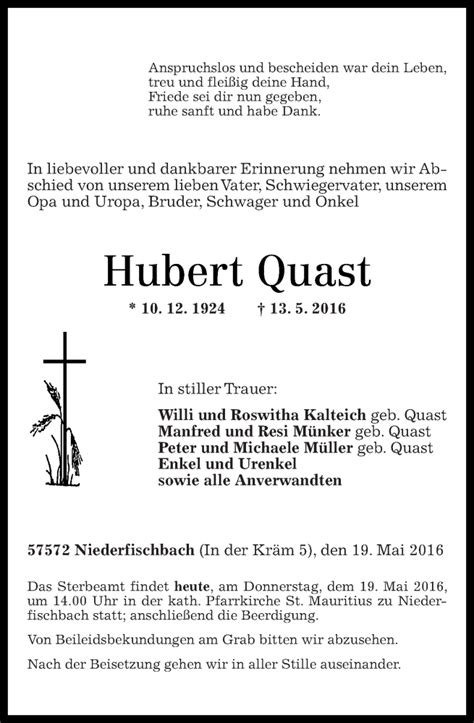 Traueranzeigen Von Hubert Quast Rz Trauer De