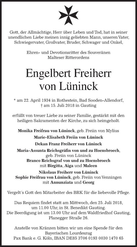 Traueranzeigen von Engelbert Freiherr von Lüninck trauer merkur de