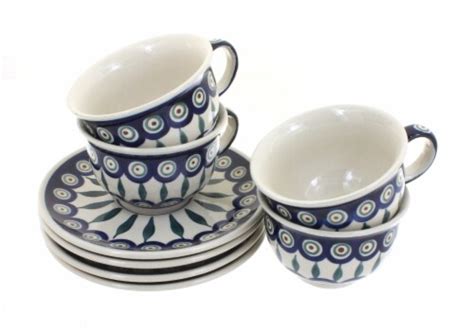 Blue Rose Polish Pottery Peacock 4 Piece Cup And Saucer Set 1 Fred Meyer