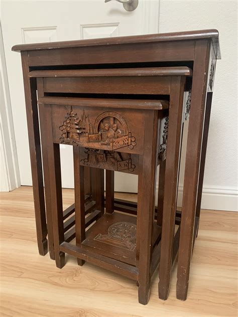 Vintage George Zee Co Hong Kong Hand Carved Wood Nesting Side Tables