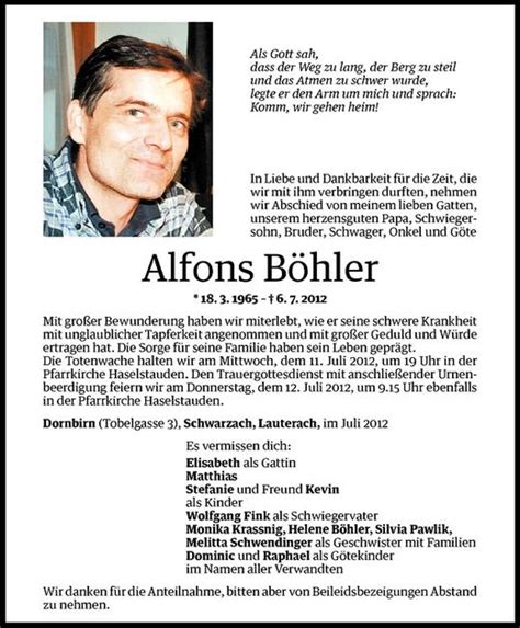 Todesanzeigen Von Alfons B Hler Todesanzeigen Vorarlberger Nachrichten