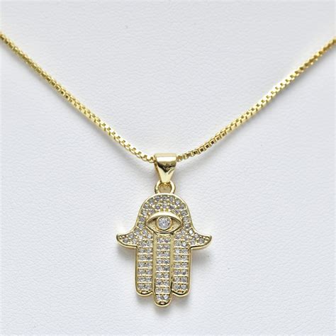 Hamsa Necklace, Evil Eye Necklace, Zircon Inlaid Hamsa Necklace, 14K ...