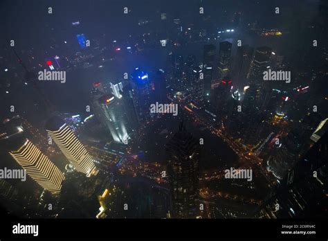 Shanghai: panoramic view at night from the top of Shanghai Tower, with ...