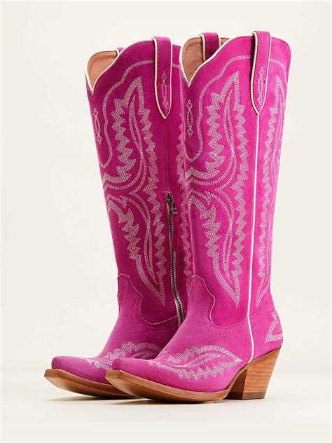 Fuchsia Faux Suede Knee High Cowgirl Boots With Side Zipper Detail And