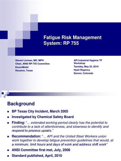 Fatigue Risk Management System Rp 755steve Lerman Exxonmobil Pdf Shift Work Risk Management