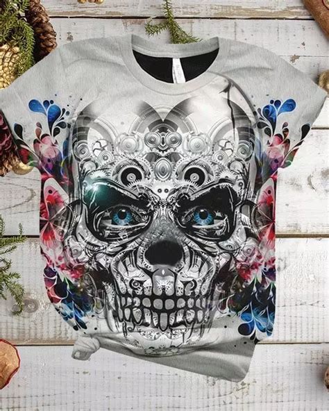 Us 22 98 Women Plus Size Halloween Skull Flower Print Short Sleeve T