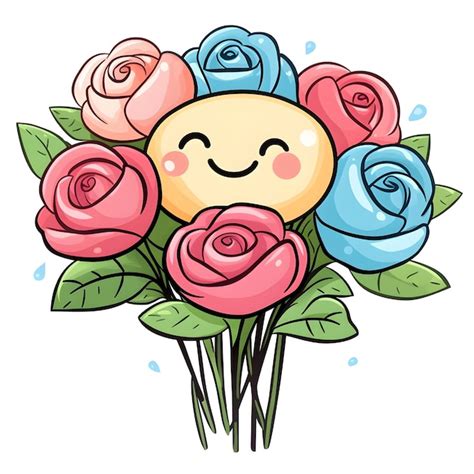 cheerful cartoon bouquet  colorful smiling roses  clean white