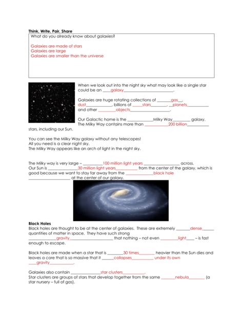 The Universe Stars And Galaxies Worksheets