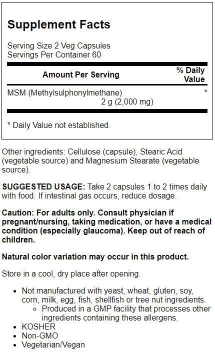 Now Supplements Msm Methylsulfonylmethane 1000 Mg Joint Health 120 Veg Capsules