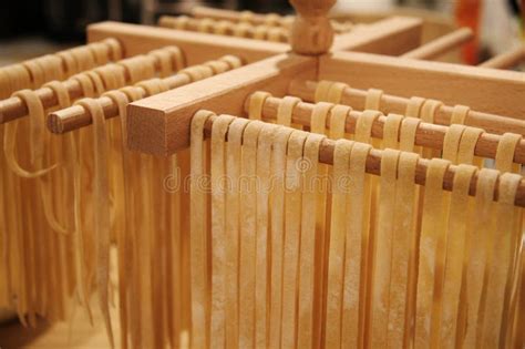 Handmade Pasta Drying On Wooden Rack Italian Fresh Fettuccine Fresh