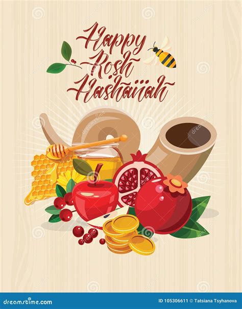 Happy Rosh Hashanah Vector Greeting Card With Bees And Pomegranate New Year Poster In Modern