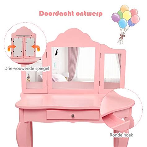 Costway Kinderen Kaptafel Prinses Make Up Tafel Met Kruk En Inklapbare