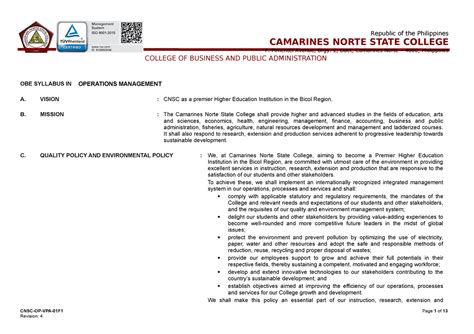 Bsoa Cbmec Operations Mgt Rev Syllabus St Semester Obe