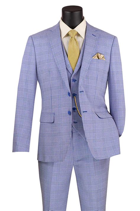 Men S Slim Fit Vested Glen Plaid Summer Business Suit In Sky Blue Signaturemenswear